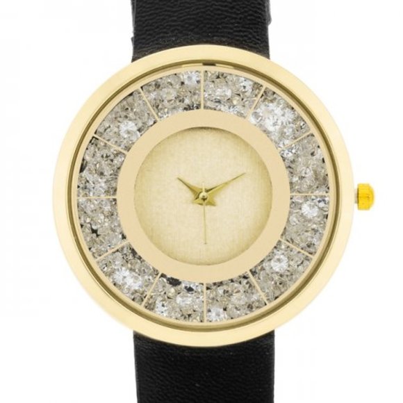 Gold Black Leather Watch With Crystals - Picture 2 of 3